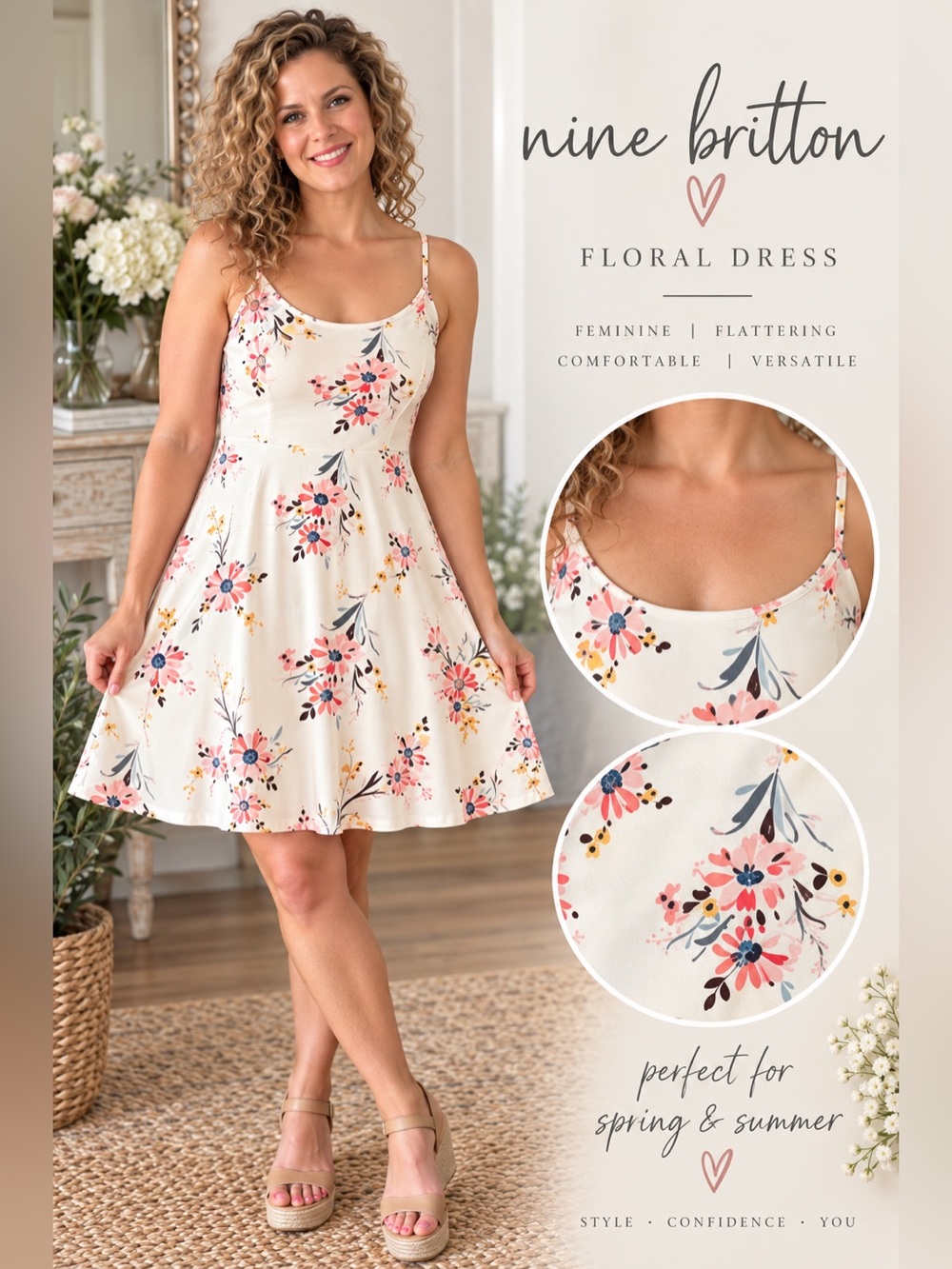 Nine Britton Cream Floral Spaghetti-Strap Mini Dress with Pink Blossoms